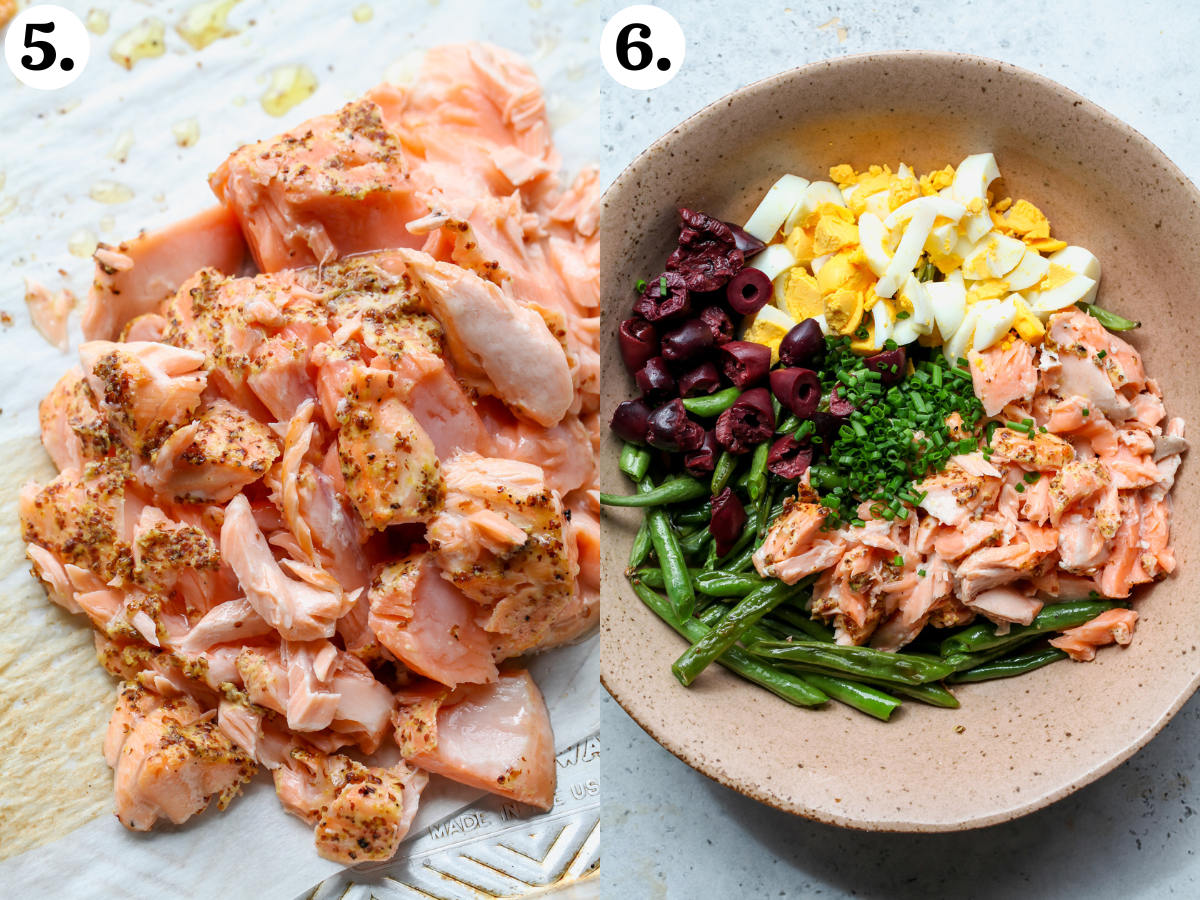 Salmon being flaked and added to a large mixing bowl with eggs, olives, green beans, and chives.
