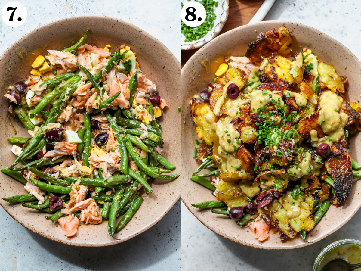 Potatoes being added to the bowl with salmon and veggies along with dressing and chives.