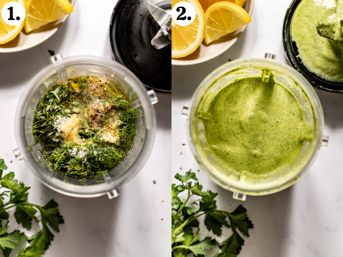 Herbs, tahini, lemon juice, spices, olive oil, and water being blended in a mini blender until smooth.