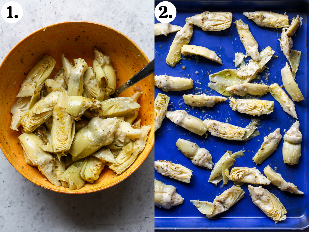 Quartered artichoke hearts being tossed in oil and spices and arranged on a blue baking sheet.