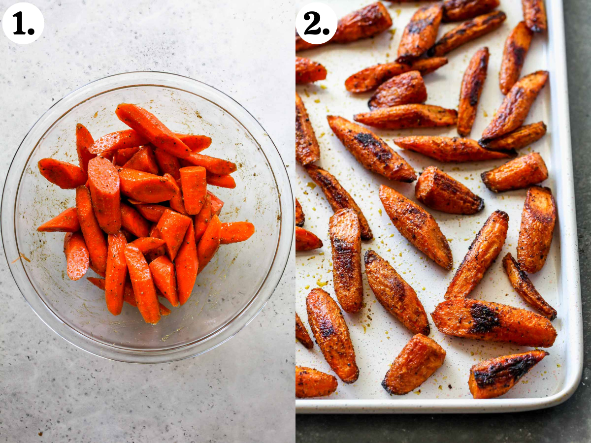 Chunks of carrots being tossed in a spice rub and roasted on a white baking sheet.
