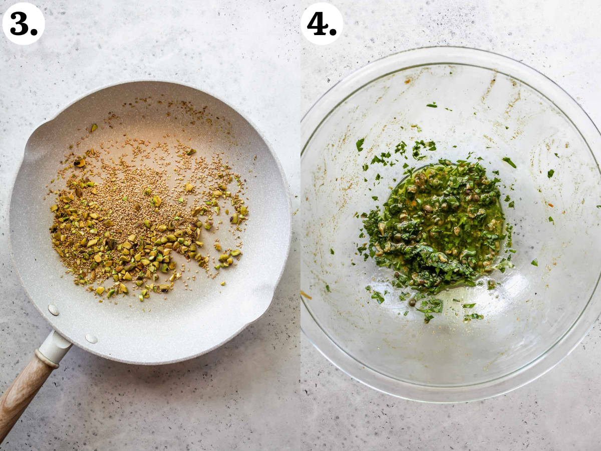 Sesame seeds and pistachios being toasted in a skillet, and garlic-herb sauce being mixed in a clear glass bowl.
