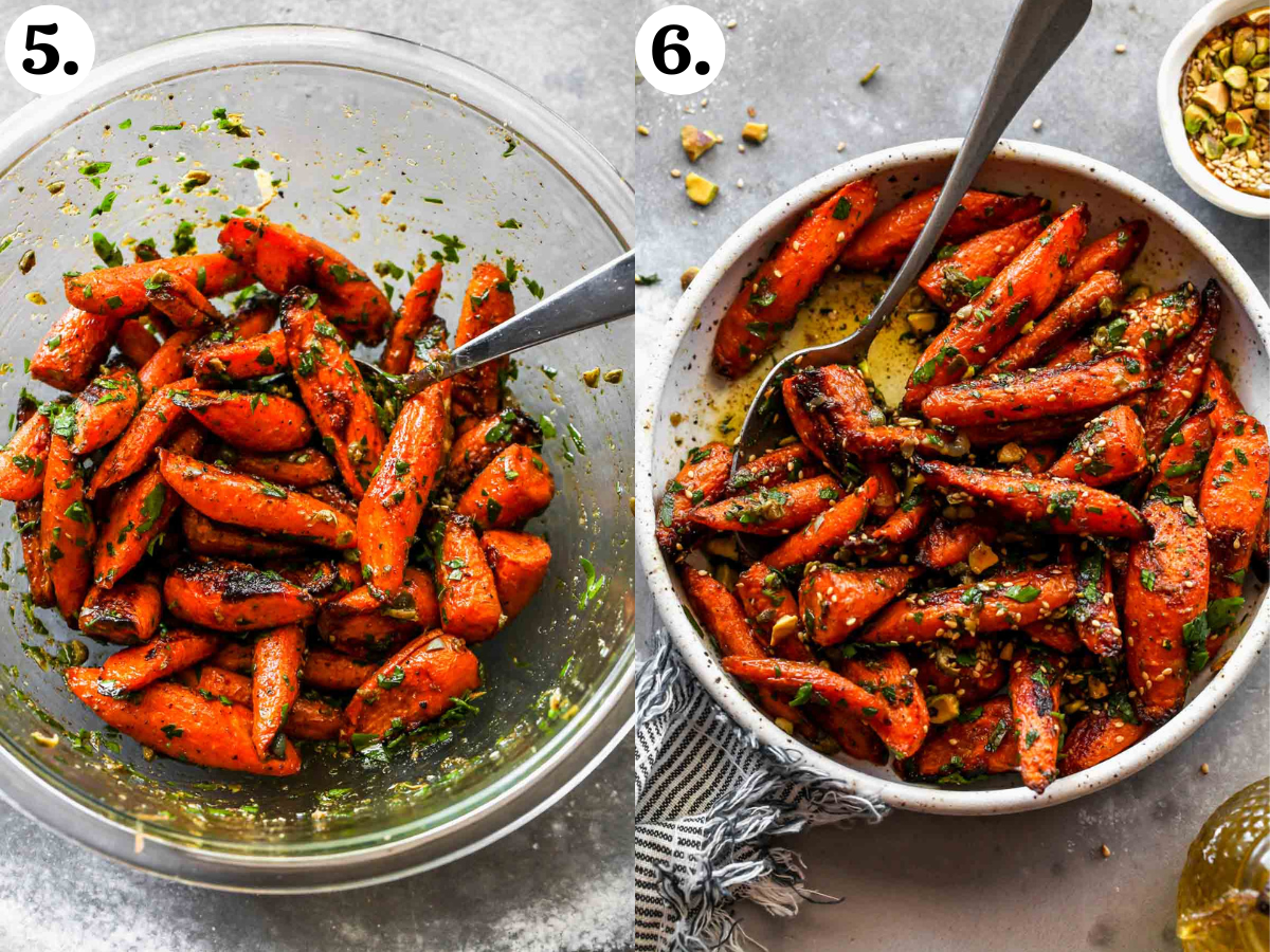 Roasted carrots being tossed in a garlic-herb mixture.