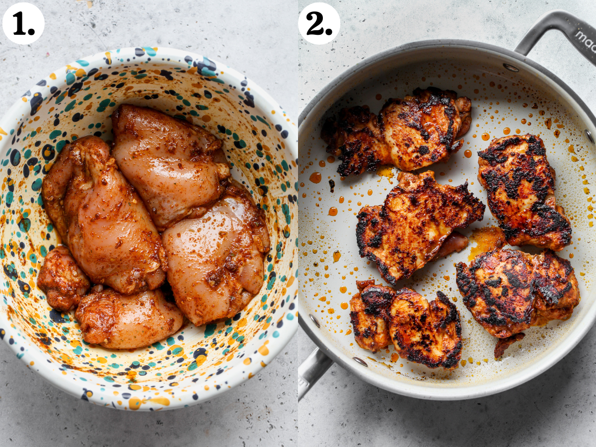 Boneless, skinless chicken thighs being tossed in taco seasoning and sautéed in a skillet.