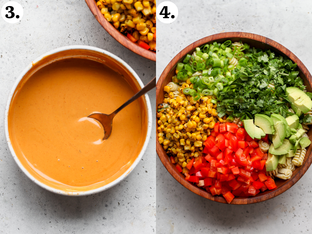 Chipotle-Tahini dressing being mixed in a white bowl, and salad components being assembled in a wooden bowl.
