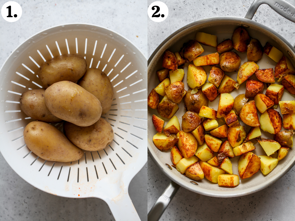 Yukon gold potatoes in a strainer after boiling, and being sautéed in a skillet.