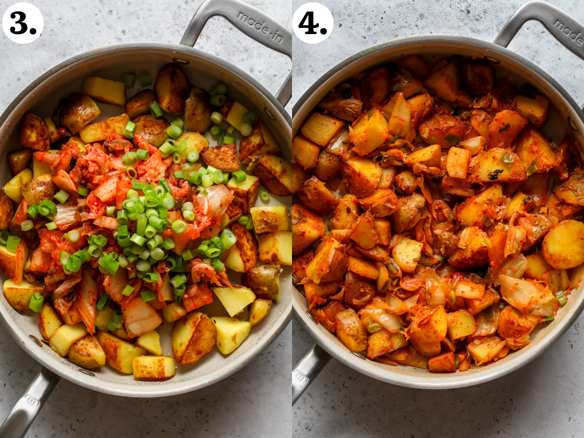 Chunks of potatoes, kimchi, and green onions being sautéed in a pan.