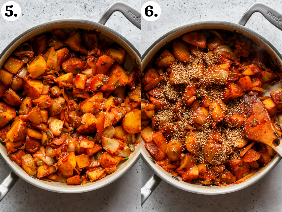 Soy sauce mixture added to a pan of potatoes, and toasted sesame seeds sprinkled overtop.