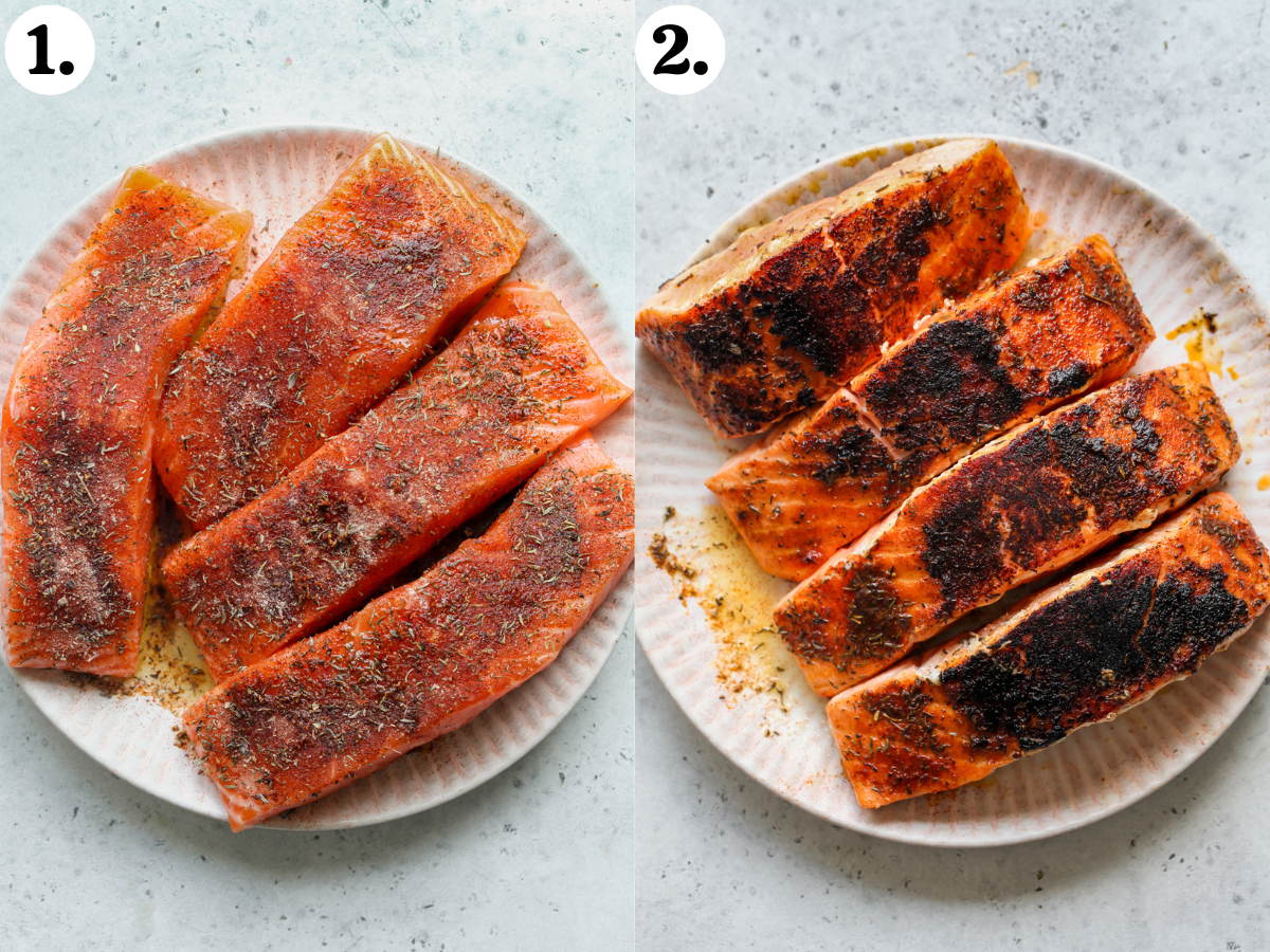 Four salmon fillets with seasoning arranged on a pink plate before and after cooking.