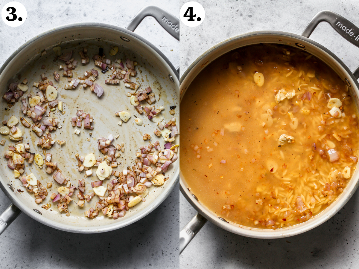 Shallots and garlic being sautéed in a skillet, and orzo and broth being stirred in.