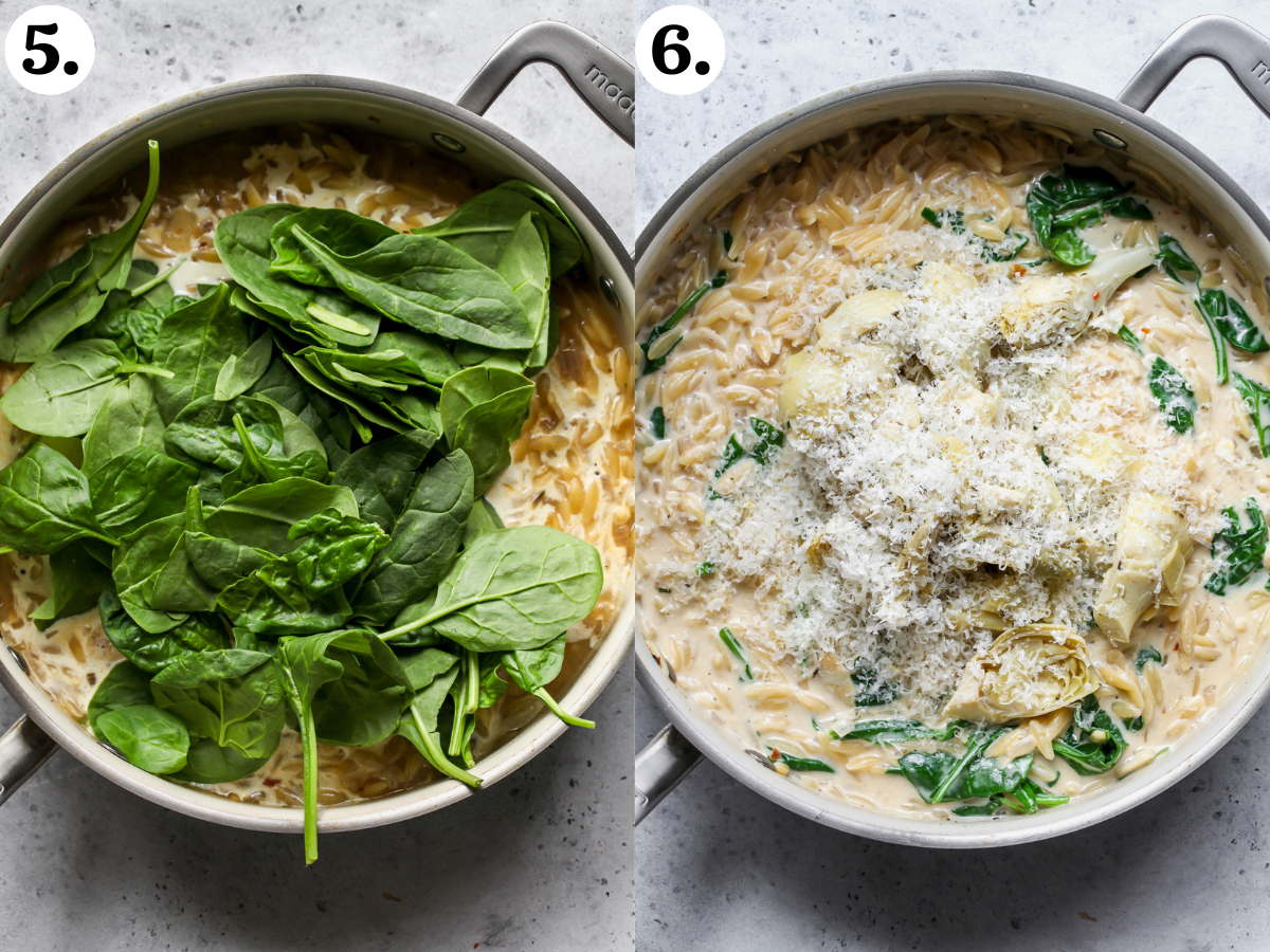 Spinach, artichokes, heavy cream, and Parmesan being added to pan with orzo and broth.