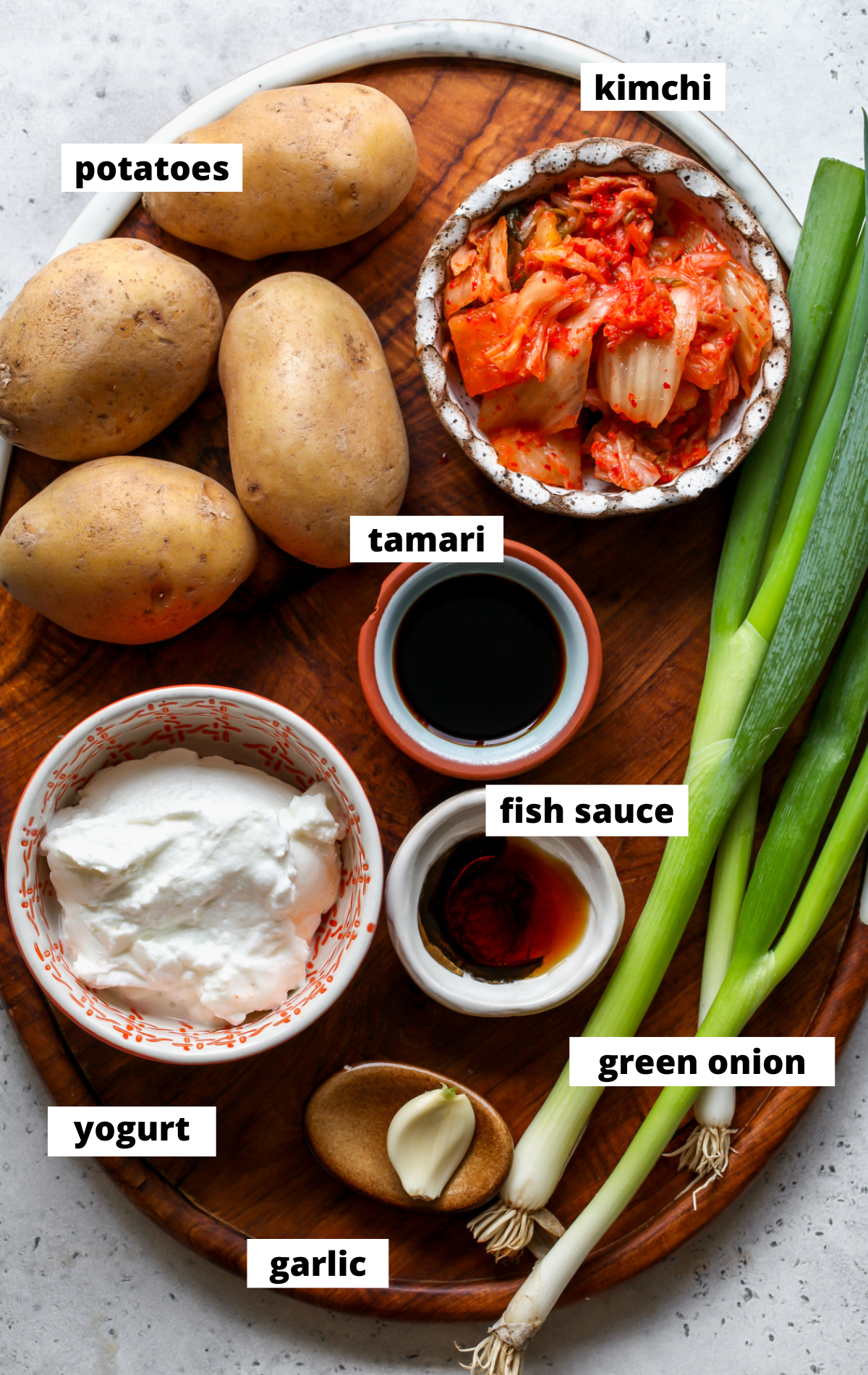 Recipe ingredients arranged on a wooden tray with labels.
