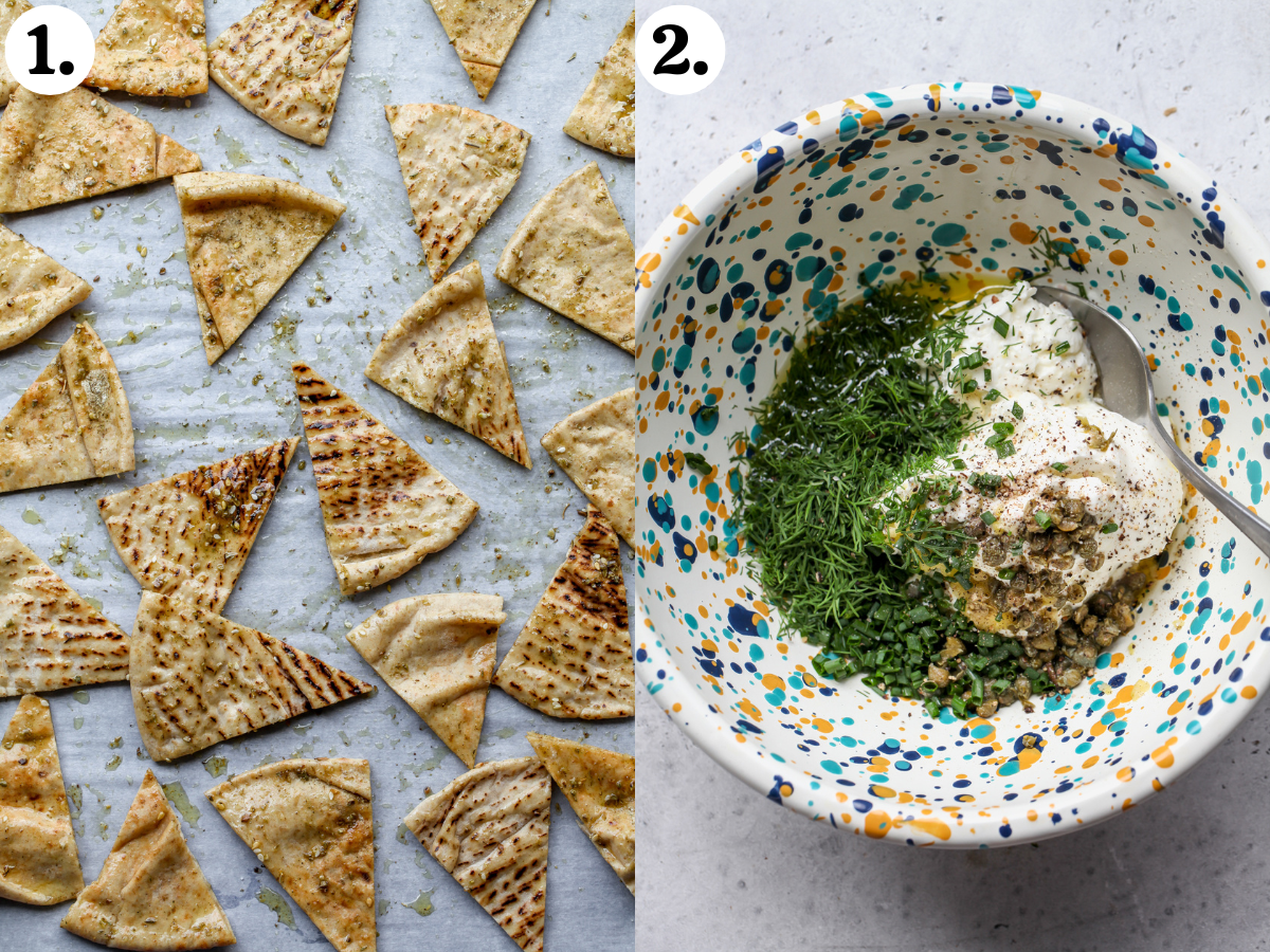 Pita triangles tossed in olive oil and spices on a baking sheet, and yogurt mixture being mixed in a white specked bowl.