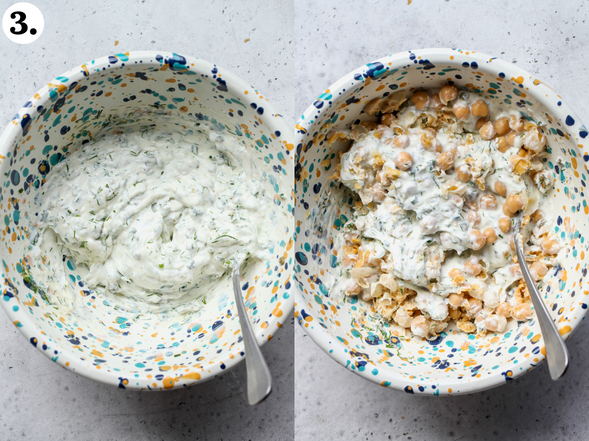 Chickpeas being mixed into yogurt mixture in a white speckled mixing bowl.