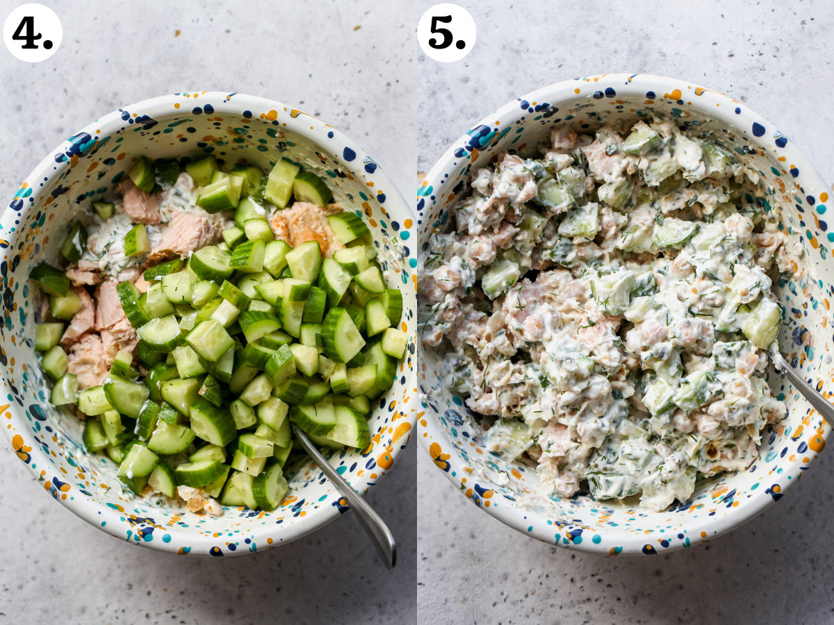 Cucumbers and tuna being added to chickpea-yogurt mixture in a white specked mixing bowl.