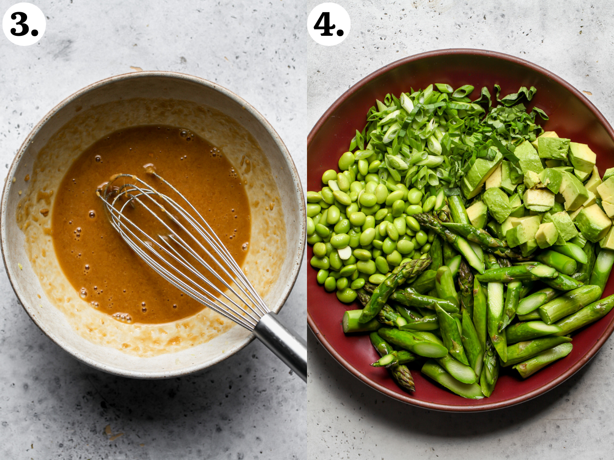 Sesame-ginger dressing being whisked in a tan bowl, and salad components being arranged in a serving bowl (avocado, asparagus, scallions, basil, and edamame).