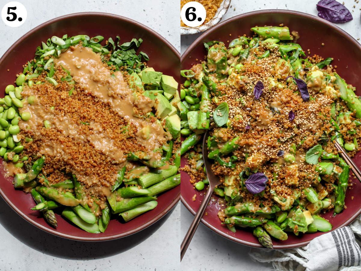 Crispy quinoa and sesame-ginger dressing being added to salad components in a bowl.