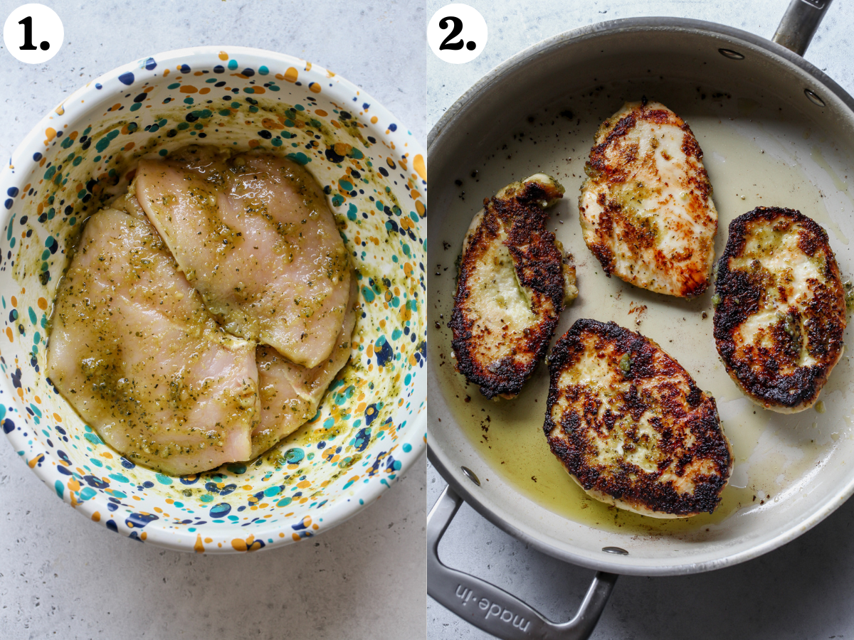 Chicken breasts being coated with pesto in a bowl, and sautéed in a large white sauté pan.