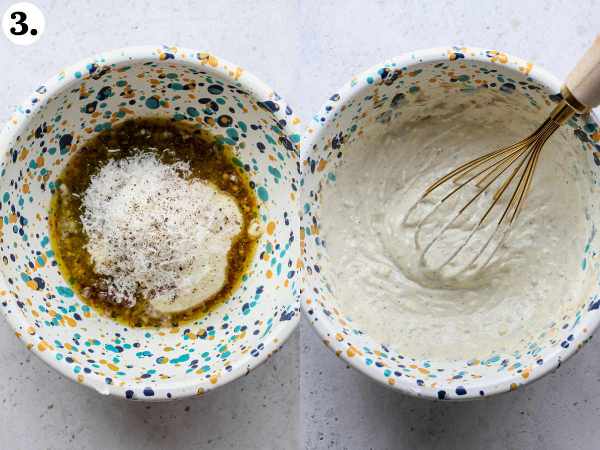 Pesto Caesar dressing being whisked until smooth in a white speckled bowl.