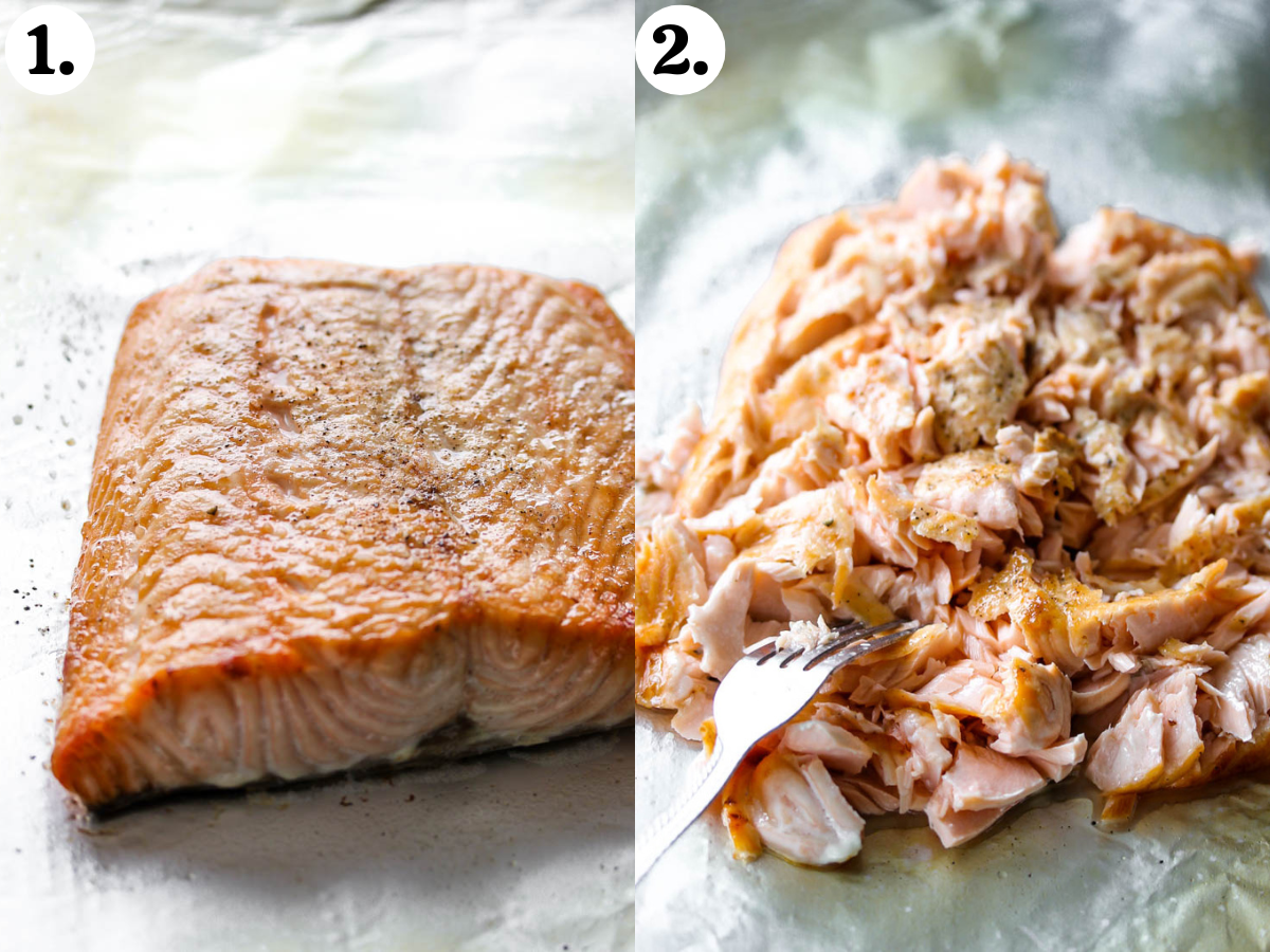 Salmon fillet being flaked into small pieces on a piece of parchment paper.