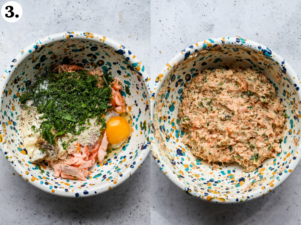 Salmon patty ingredients being mixed in a large spotted bowl.