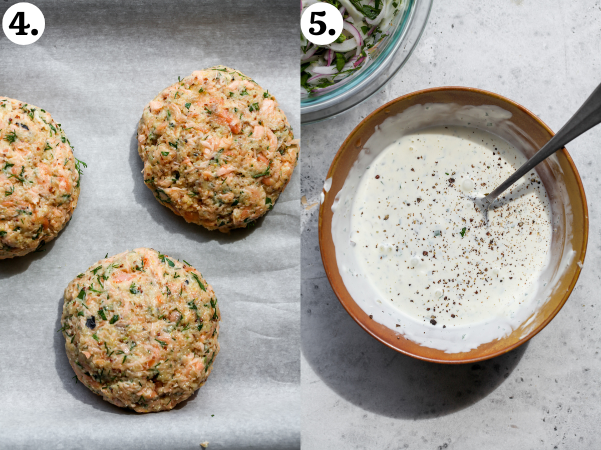 Salmon mixture being formed into patties, and lemon-caper yogurt sauce being mixed in a gold bowl.