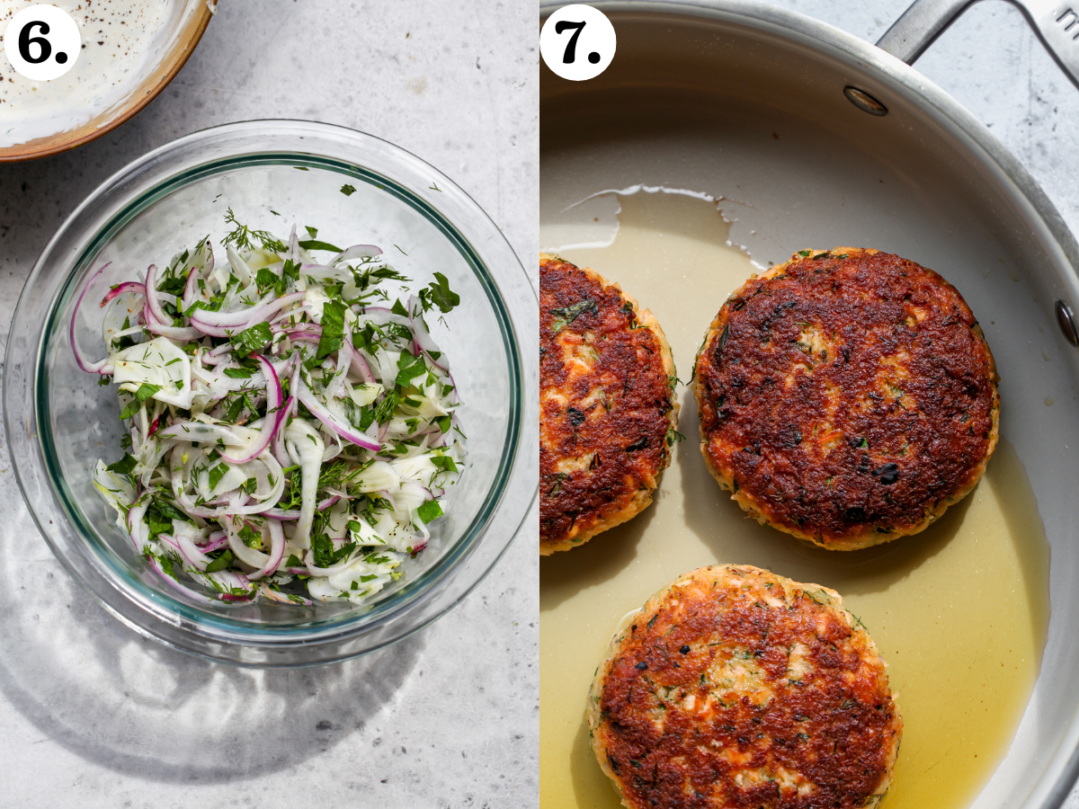 Fennel slaw being mixed in a clear glass bowl, and burger patties being seared in a large oiled pan.