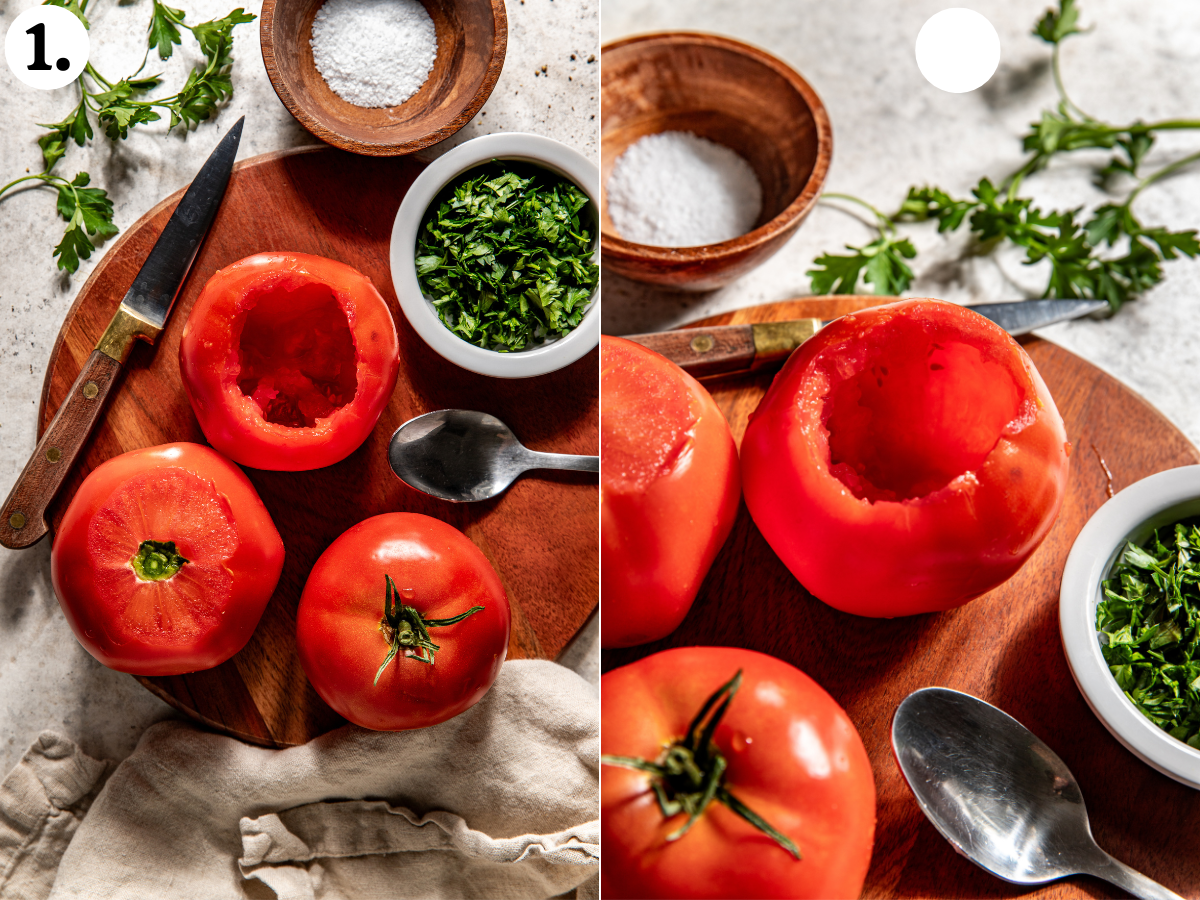 Tomatoes on a cutting board with the tops being sliced off and inside seeds scooped out.