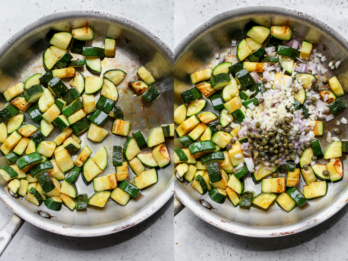 Chunks of zucchini being sautéed in a skillet, and shallots, garlic, and capers mixed in.