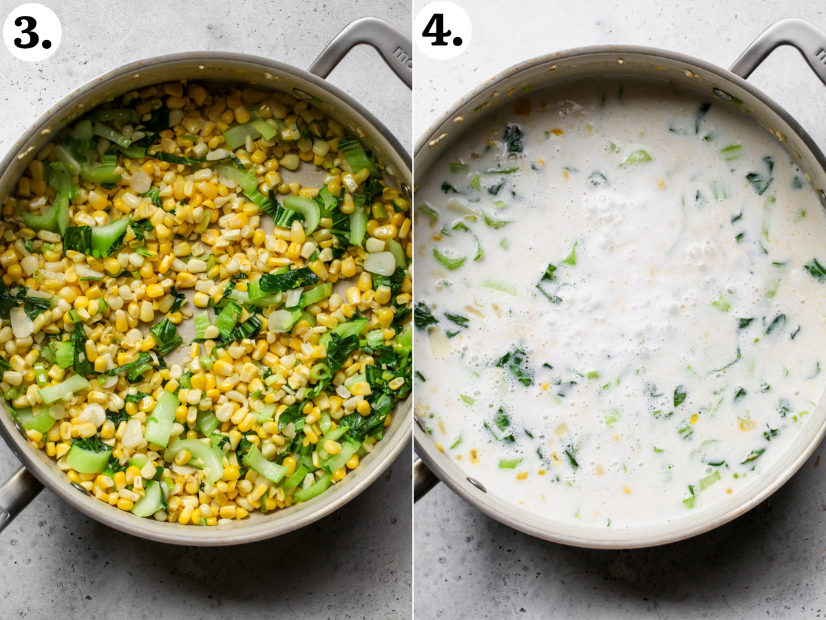 Coconut milk, broth, vinegar, and fish sauce added to a pan of sautéed aromatics, corn, and bok choy.