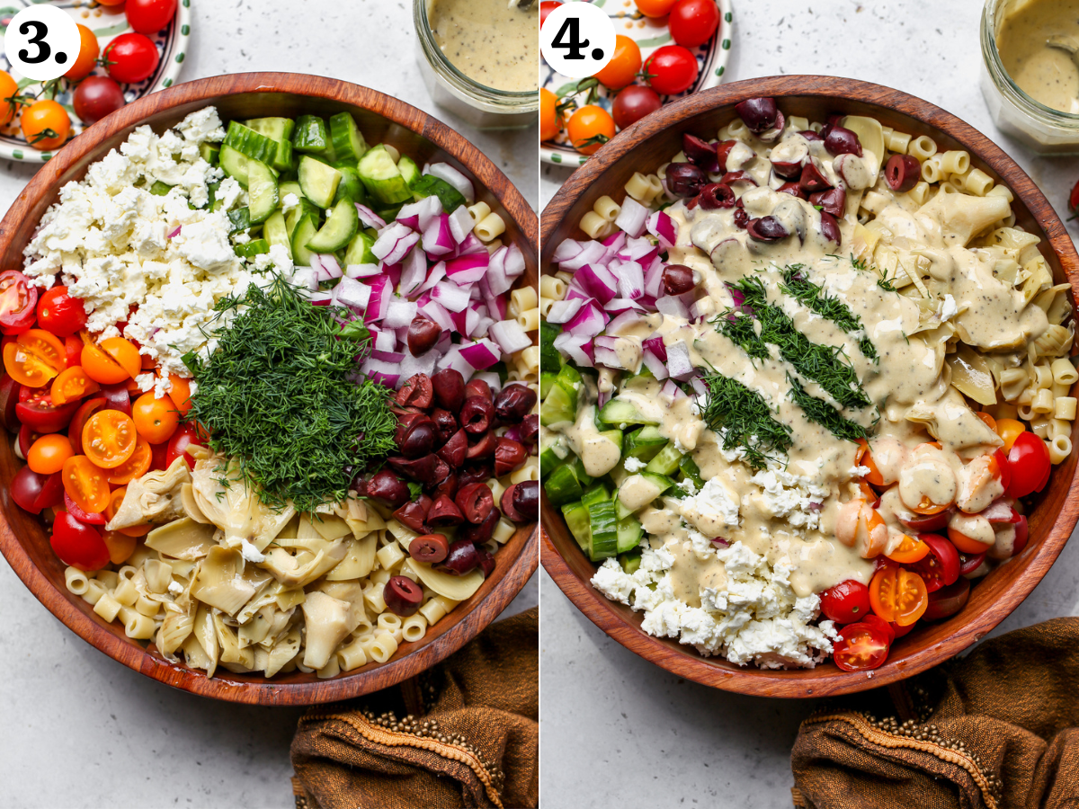 All of the recipe ingredients being added to a large wooden serving bowl and the dressing being drizzled overtop.