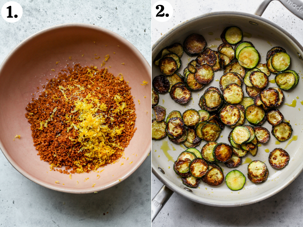 Lemony panko breadcrumbs in a pink bowl, and sautéed coins of zucchini in a sauté pan.