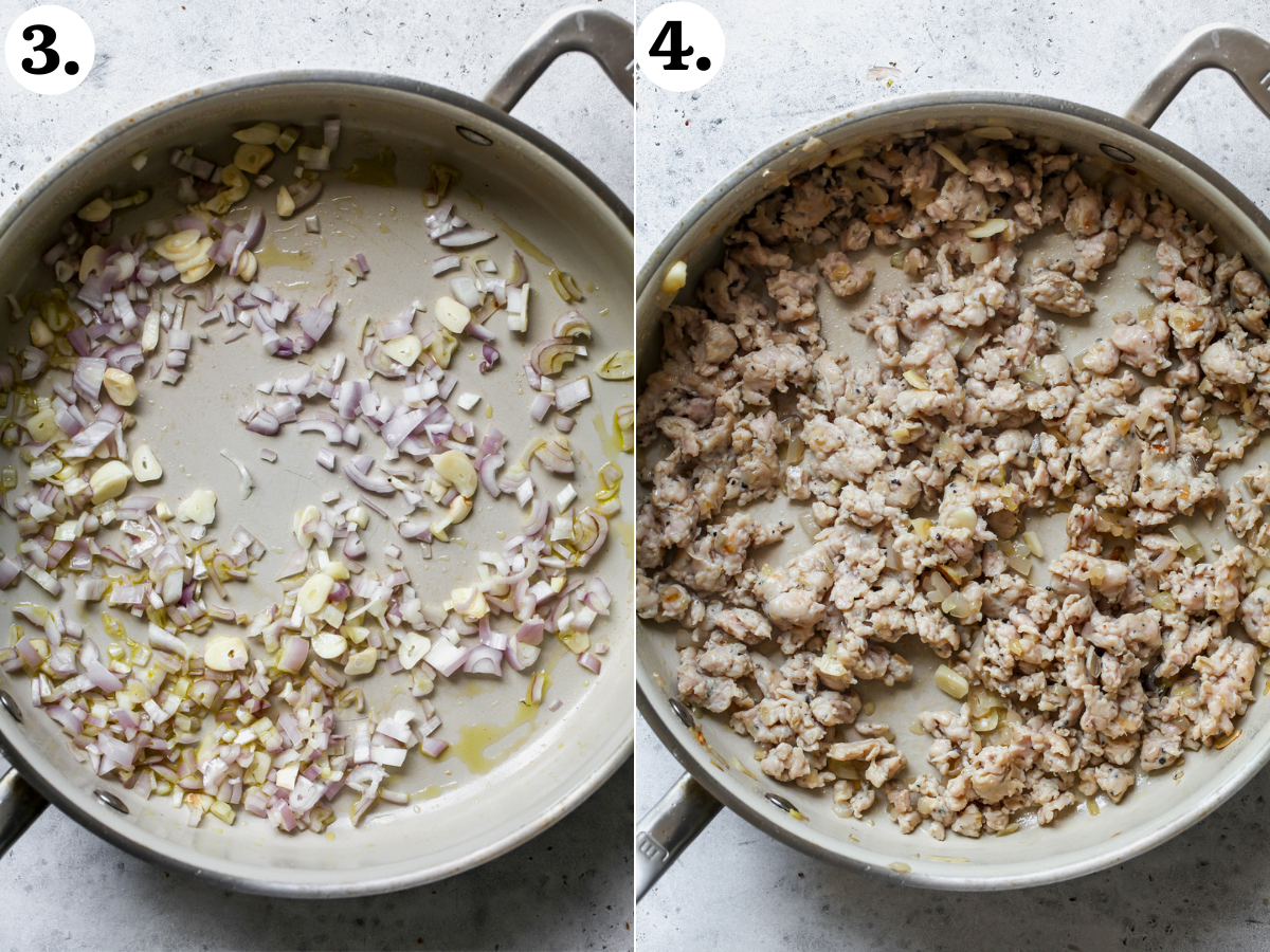 Shallots, garlic, and ground chicken sausage being sautéed in a white sauté pan.