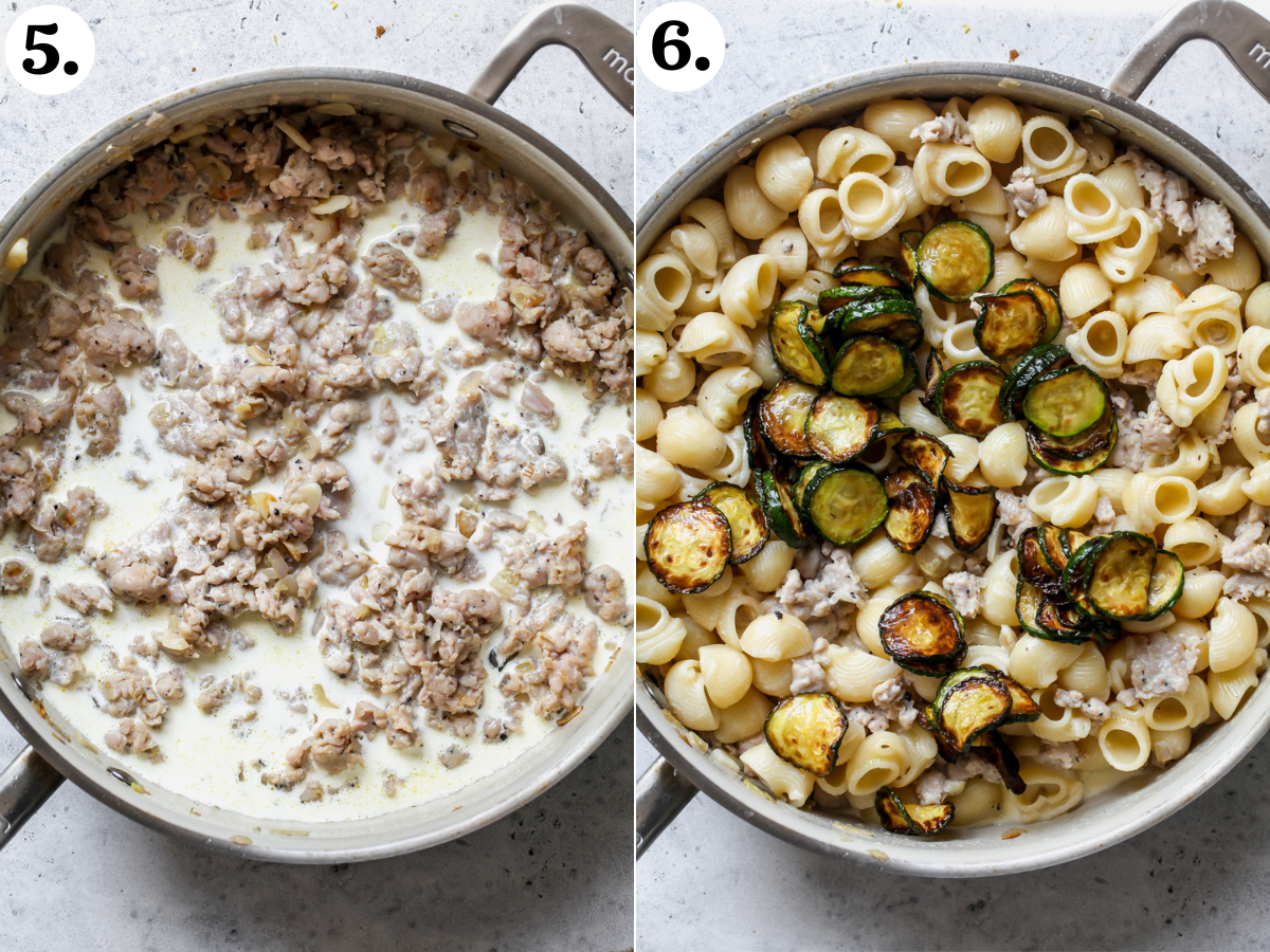Heavy cream being added to pan with aromatics and sausage, and pasta and zucchini being mixed in.