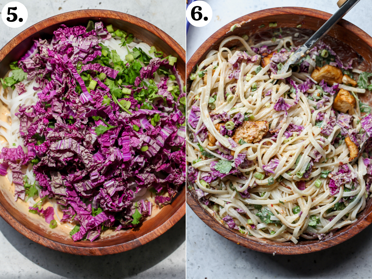 Cabbage, cilantro, and scallions being mixed into a bowl filled with noodles and tahini sauce.