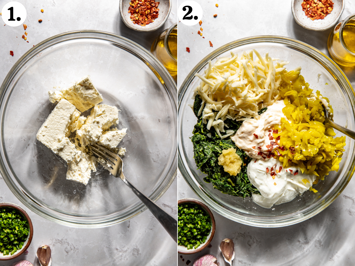 Feta cheese being crumbled in a bowl, and remaining ingredients being added in.