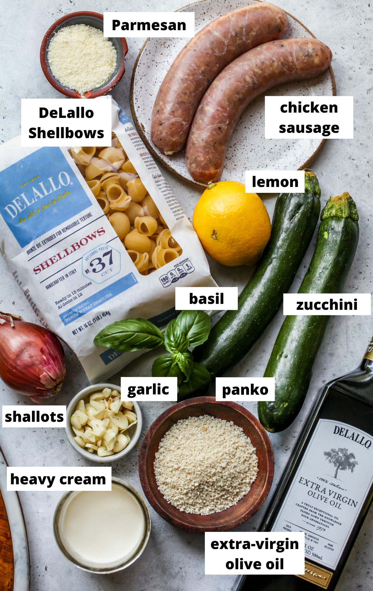 Recipe ingredients arranged on a white surface with labels.