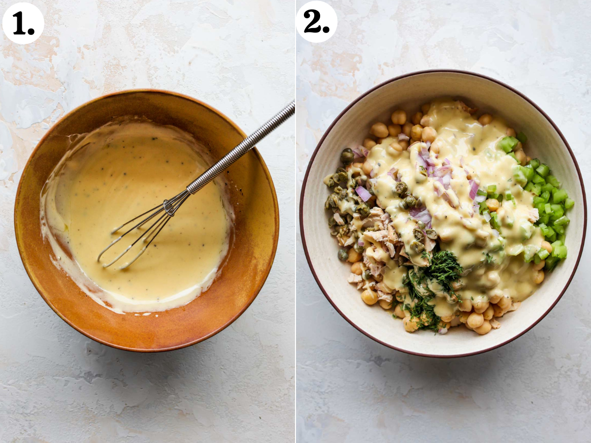 Dressing being mixed in a bowl and poured over chickpeas, tuna, veggies, and herbs in a tan mixing bowl.