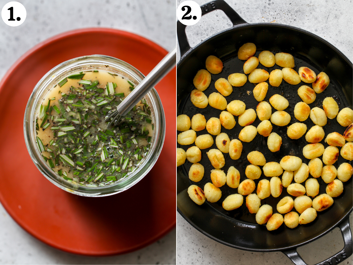 Cider-maple dressing being whisked in a clear glass jar, and gnocchi pasta being sautéed until crispy and golden in a cast iron skillet.