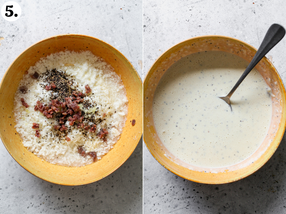 Cacio e pepe Caesar dressing whisked until smooth in an orange bowl.