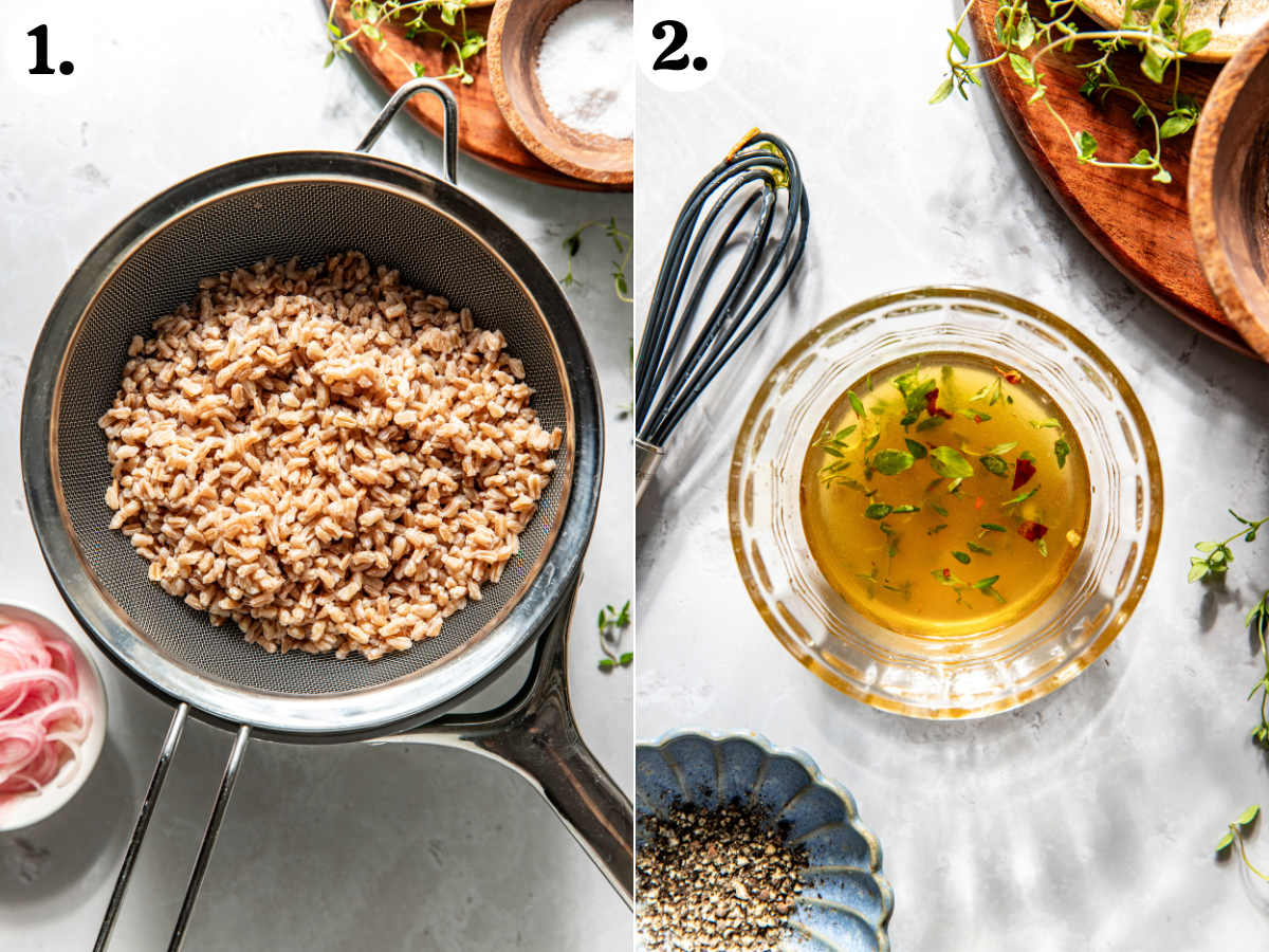 Cooked farro being drained, and honey-thyme mixture being whisked in a small glass jar.