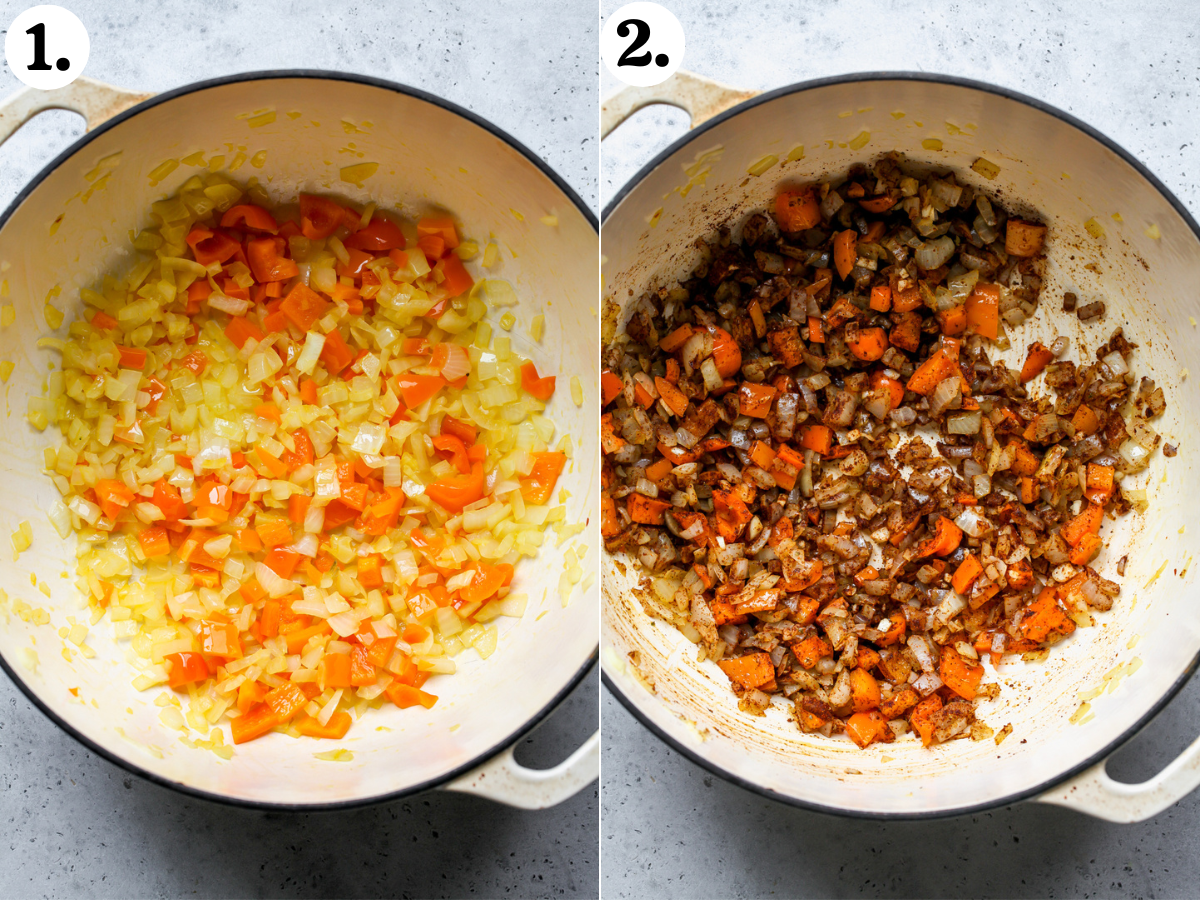 Onion, bell pepper, garlic, and spices being sautƩed in a large tan stockpot.
