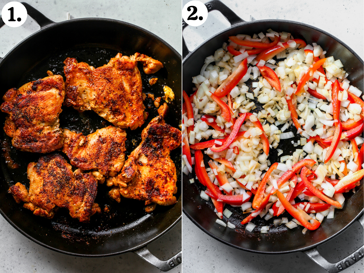 Chicken thighs being sautéed until golden in a pan, and onion and bell pepper being sautéed until soft.