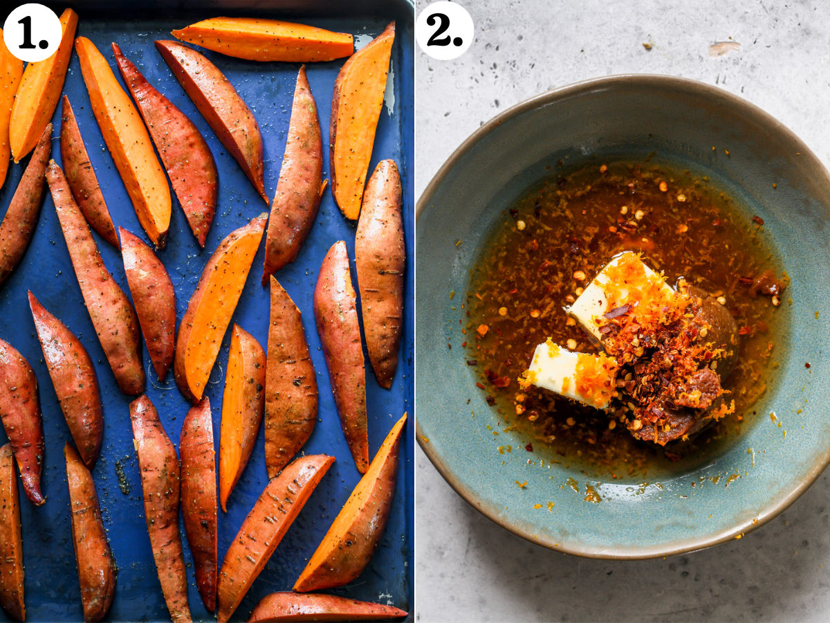 Sweet potato wedges being roasted on a baking sheet, and miso-maple mixture being combined in a small blue bowl.