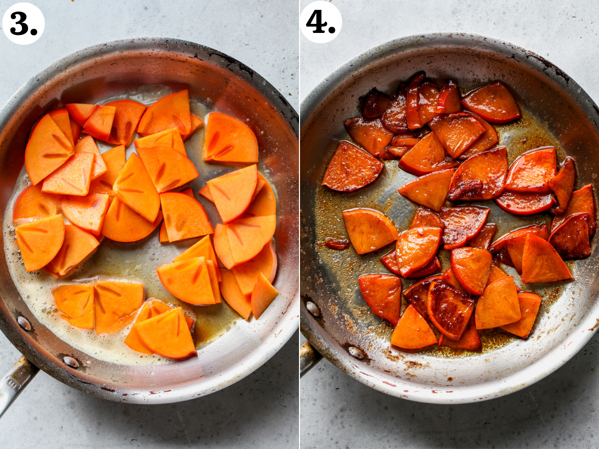Persimmon slices being caramelized in a skillet.