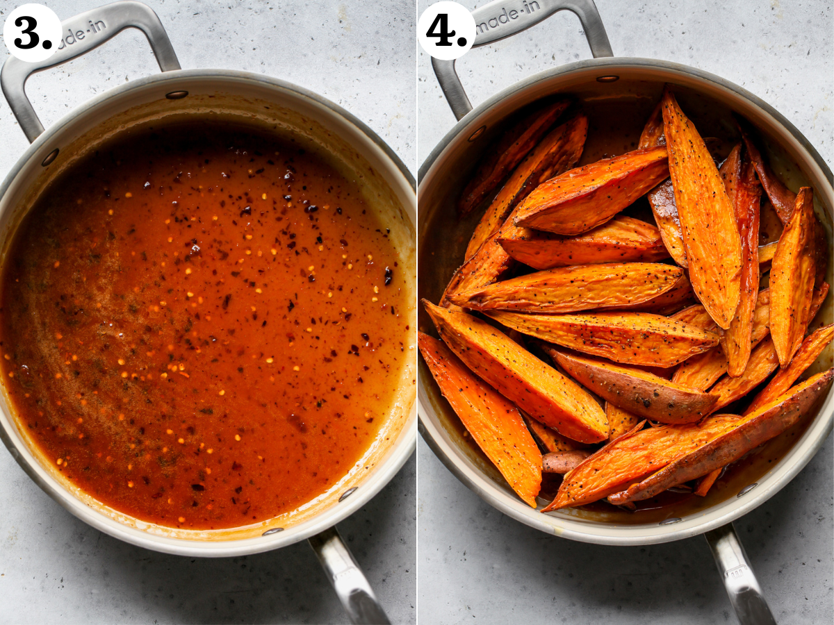 Sweet potato wedges being added to a pan of miso glaze.