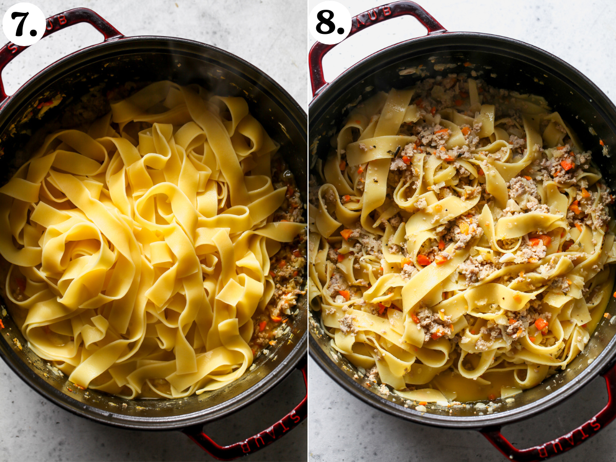 Pappardelle pasta being added to a pot of white bolognese.