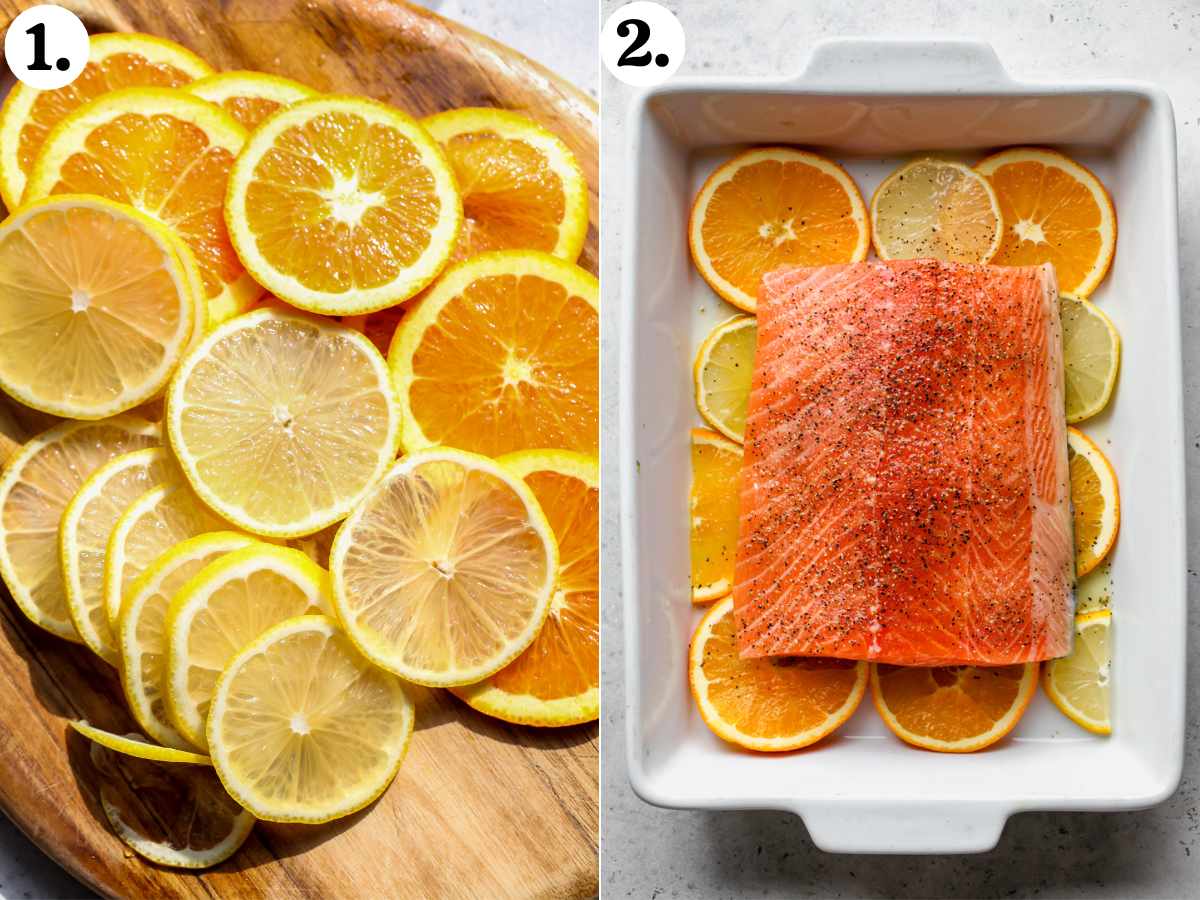 Citrus being sliced and arranged in a baking dish and then topped with a salmon fillet.