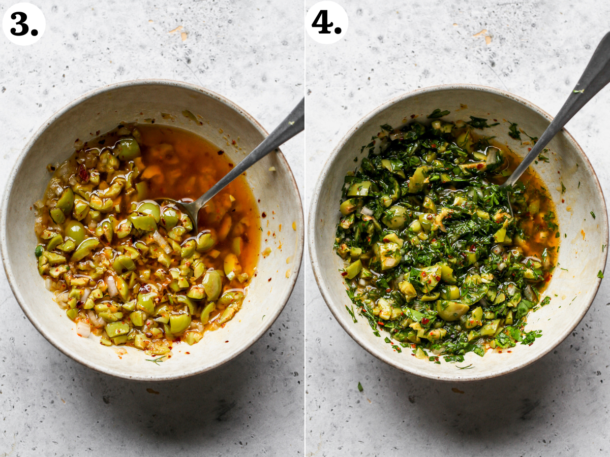Olives, citrus, shallots, chili flakes, and olive oil being mixed in a tan bowl.