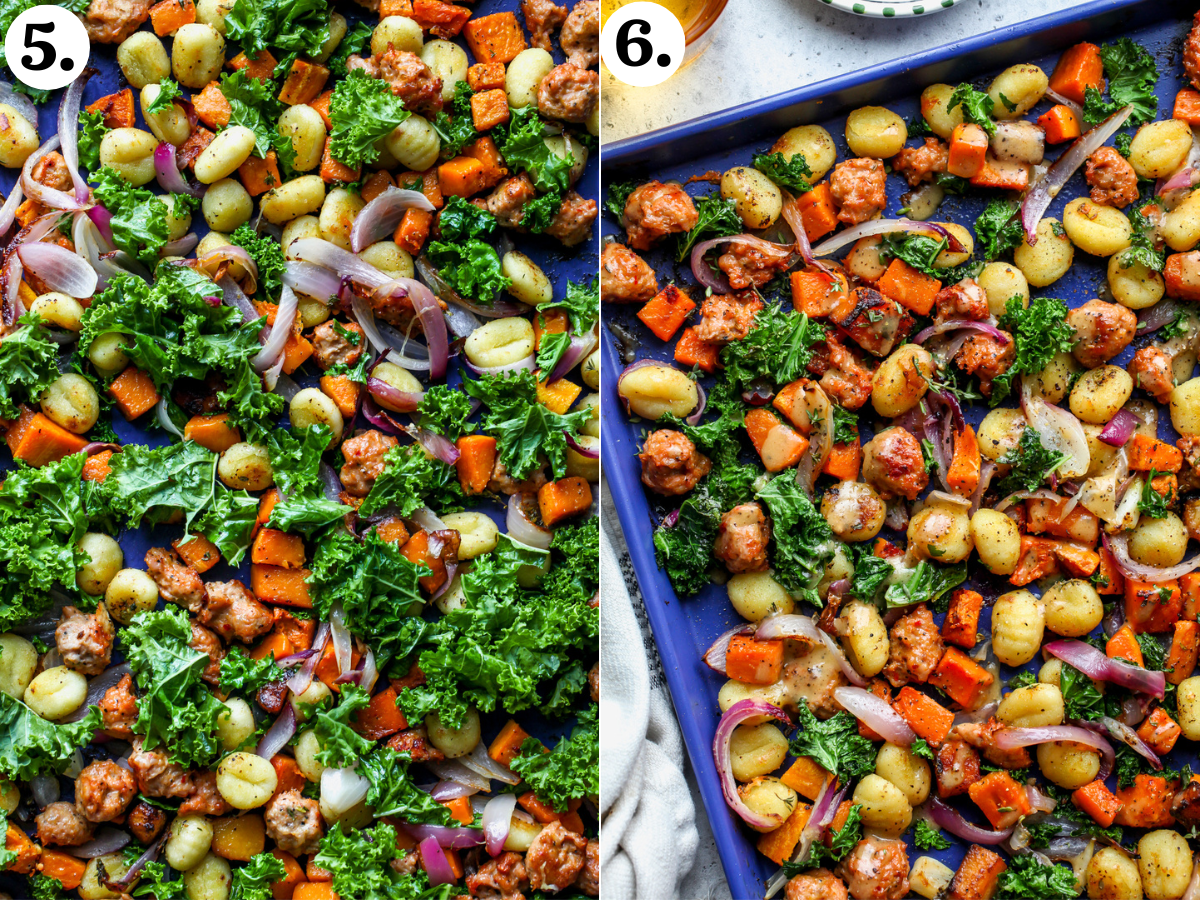 Kale being added to a sheet pan mixture, baked, and drizzled in miso-cider sauce.